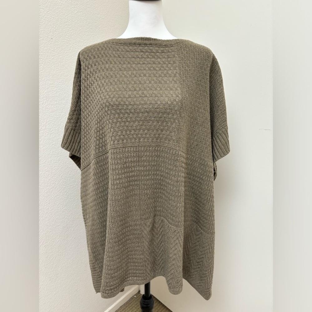 Beige brown mixed textured knit poncho pique open sides, one size Lagenlook